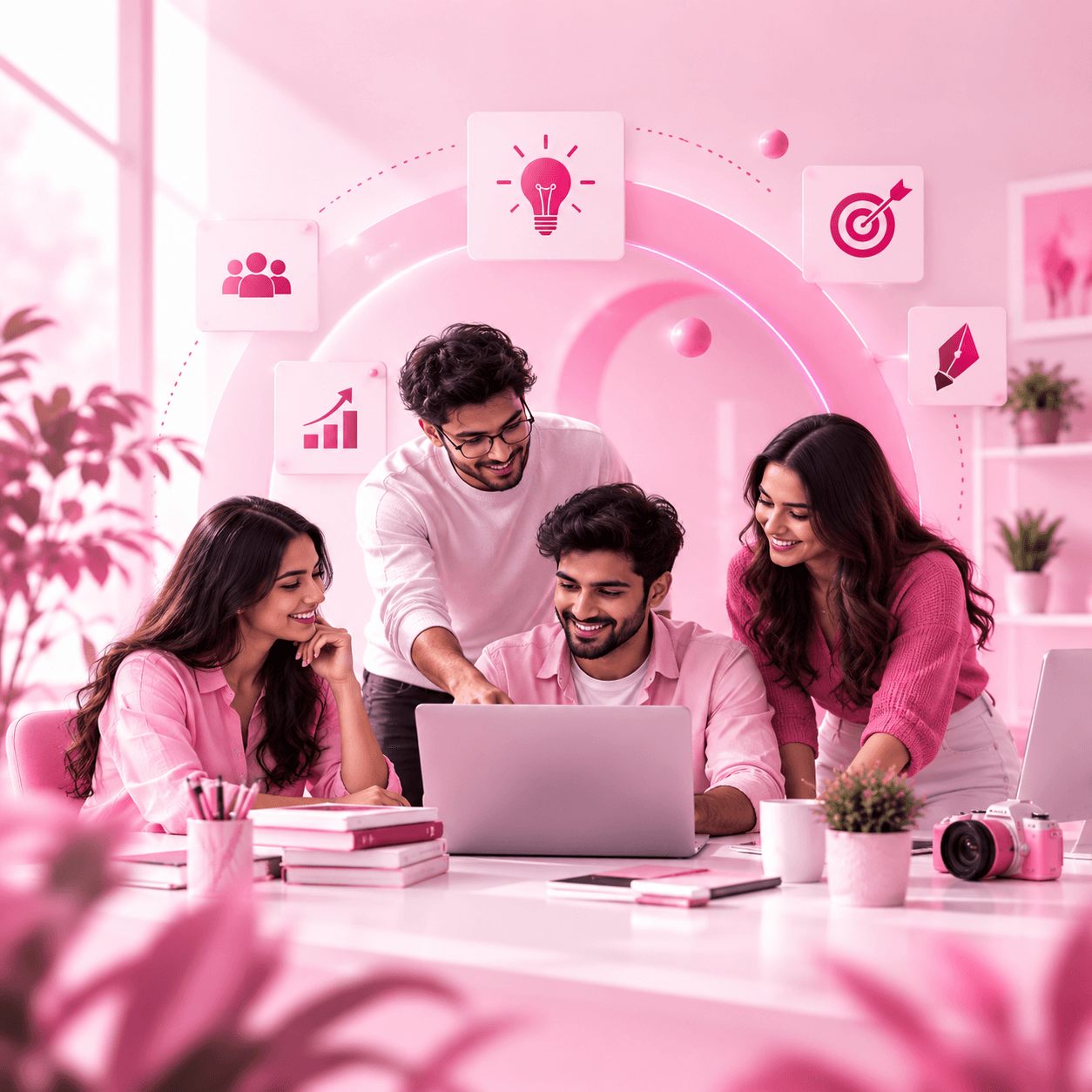Creative team collaborating around a laptop